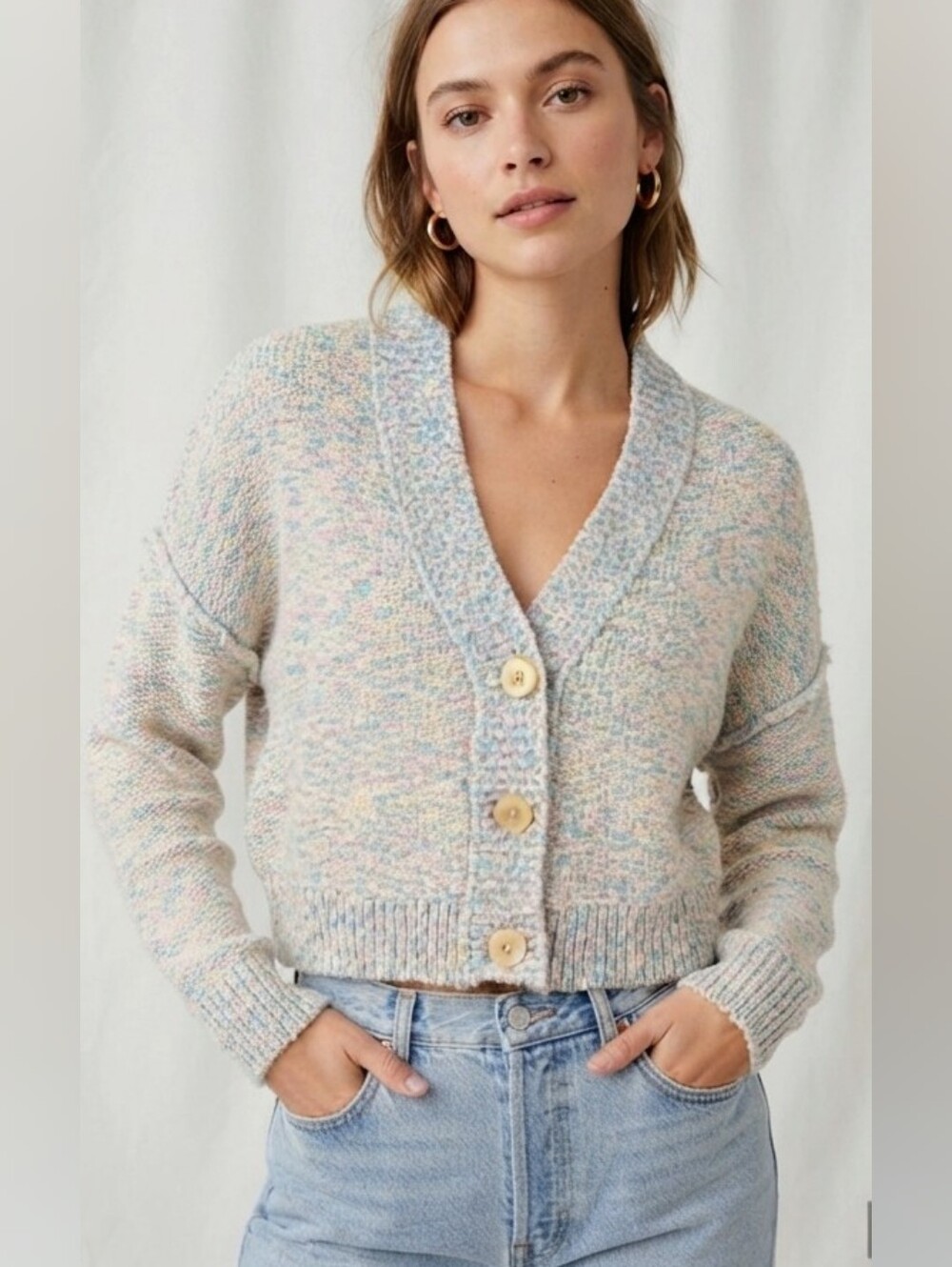 EUC Twik par Simons Pastel Confetti Cropped Knit Cardigan Large L